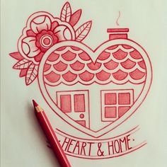 a drawing of a heart shaped house with flowers on it and the words heart & home written in red ink