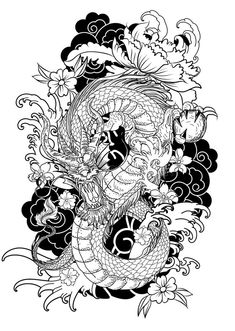 a black and white drawing of a dragon with flowers on it's head, surrounded by clouds