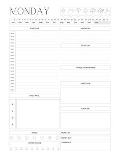 the monday planner is shown in black and white