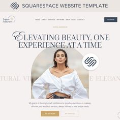 the homepage for squarespace website is shown with an image of a woman in white shirt