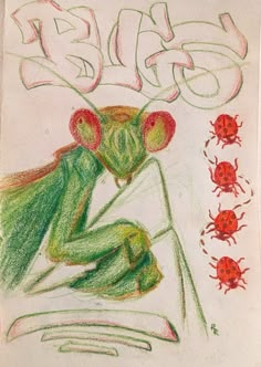 a drawing of a green bug sitting on top of a piece of paper with red bugs around it