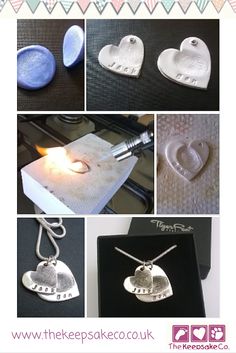 four different pictures of heart shaped pendants with words on them and two hearts in the middle