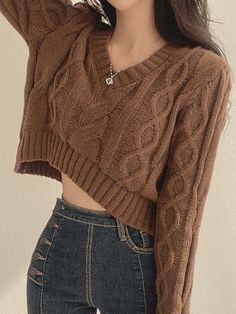 Y2k Fabric, Brown Cable Knit Sweater, Chunky Cable Knit, Cropped Pullover, Sweater Brown, Everyday Fashion Outfits, Quick Outfits