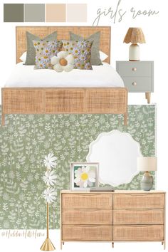 Cute teen girls bedroom decor mood board with a green color scheme! Daisy themed girls room decor ideas Girls Floral Bedroom Ideas, Teen Girl Bedroom Ideas Green, Light Green Girls Bedroom, Sage Girls Bedroom, Green Toddler Room Girl, Girls Neutral Bedroom, Girls Green Bedroom Ideas, Green Teen Bedroom, Teen Bedroom Green