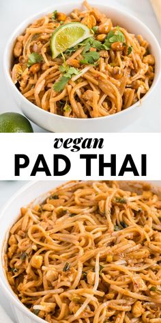 two pictures with different types of pad thai noodles in them and the words vegan pad thai on top