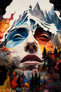 a woman's face is painted with multiple colors and shapes, including mountains and trees