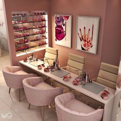 a nail salon with pink chairs and manicures on the counter, in front of two framed pictures