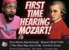 an image of two people with the words first time hearing mozzart