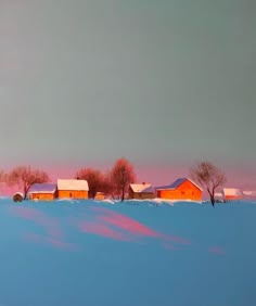 a painting of a snowy landscape with red barns and trees in the foreground at sunset