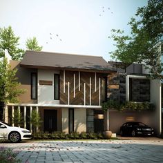 a white car parked in front of a two story house with stone and wood accents