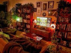 a living room filled with lots of furniture and bookshelves next to a tv