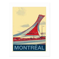 a poster with the word montreal in blue, red and white on it