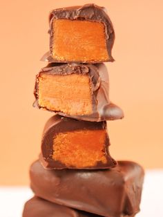 three pieces of chocolate stacked on top of each other