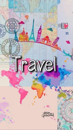 the words travel are written in front of an image of a world map and stamps