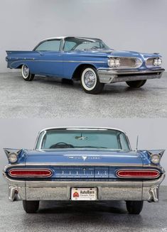 an old blue car is shown in two different views