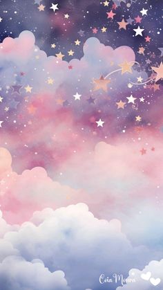 the sky with stars and clouds painted in pastel colors