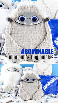 an origami sheep with blue eyes and the words arominable mini pull string pinatas