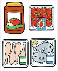 four different pictures with food in them including fish, tomatoes, and other things to eat