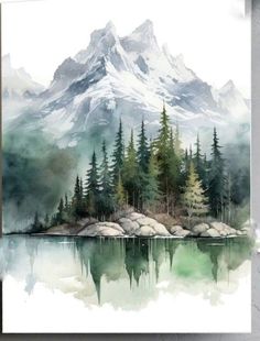 a watercolor painting of a mountain lake and trees