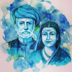 a poster with an image of two people in blue and green watercolors on it