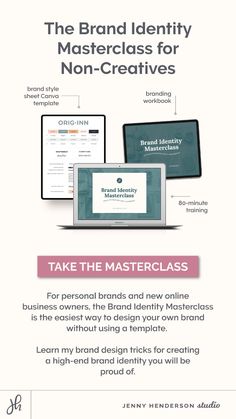 the brand identity masterclass for non - creatives is displayed in front of two computer screens