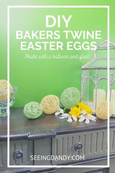 an old dresser has some crocheted eggs on it and is next to a vase with flowers