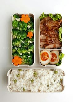 two bento boxes filled with rice, meat and veggies next to each other