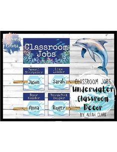 classroom jobs sign with dolphin jumping out of water