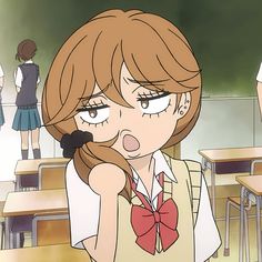 an anime character is talking on the phone in front of her class room desks