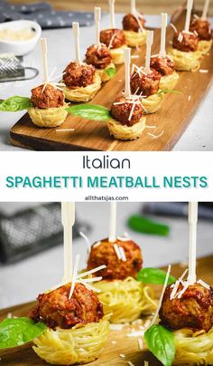 spaghetti meatball nests on a wooden platter with toothpicks