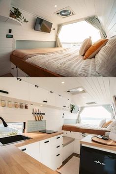 there are two pictures of the inside of a boat, and one has a bed in it