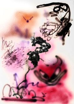 an abstract painting with black and pink colors