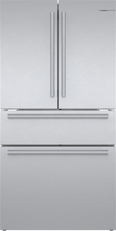 a stainless steel refrigerator freezer with two doors and three drawers on the bottom shelf