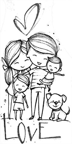 a black and white drawing of two people hugging each other with a dog in front of them