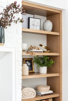 the shelves in this room are filled with plants and other things to put on them