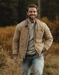 James Canvas Liner Jacket Mens New England Fall Style, Mens Photo Outfits, Husband Style Mens Fashion, Mens Clothing Styles Outdoors, Mens Brown Coat Outfit, Men’s Work Jacket, Neutral Fall Outfits Men, Rugged Workwear Men, Mens Construction Work Fashion