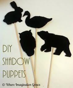 there are three black silhouettes on sticks with the words diy shadow puppets