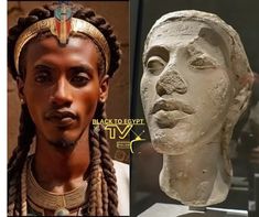 an image of a man with braids next to a bust of pharaoh tutane