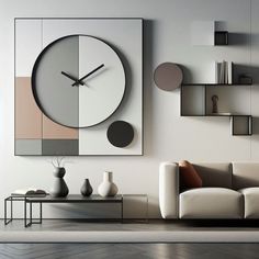 a large clock mounted to the side of a wall next to a couch and coffee table