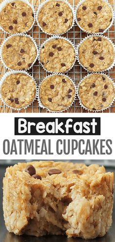 breakfast oatmeal cupcakes with chocolate chips on top and in the background