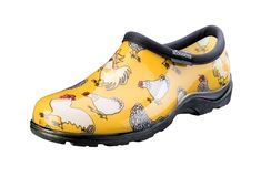 Sloggers Made in the USA Rain & Garden Shoe for women in Daffodil Yellow Chicken Print Gardening Shoes, Daffodil Yellow, Polka Dot Shoes, Shoe For Women, Usa Shoes, Chicken Print, Garden Clogs, Womens Waterproof Boots, Waterproof Shoes