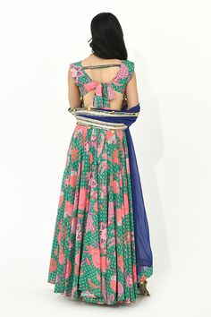 Jade green, multicolor lehenga with florette print all over. Paired with bead border embellished blouse and dupatta. - Aza Fashions Boho Lehenga, Multicolor Lehenga, Print Lehenga, Lehenga Pattern, Embellished Blouse, Sweetheart Neck, Jade Green, Set For Women, Aza Fashion