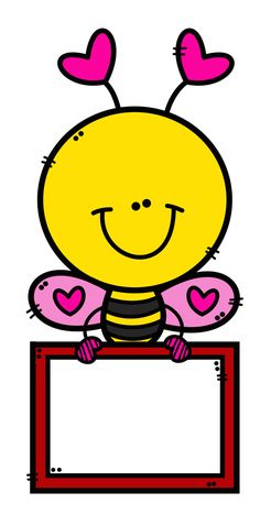 a cartoon bee holding a blank sign with hearts on it's wings and smiling