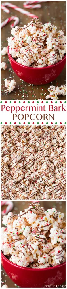 a red dish with white and green sprinkles on it, next to the recipe for peppermint bark popcorn