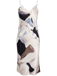 ecru/multicolour silk charmeuse abstract pattern print V-neck slip-on style spaghetti straps sleeveless shift style mid-length straight hem Funky Outfits, Wardrobe Edit, Silk Charmeuse, Exclusive Fashion, Printed Midi Dress, Abstract Print, Abstract Pattern, Day Dresses, Clothes For Sale