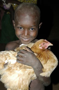 a young boy holding a chicken in his hands