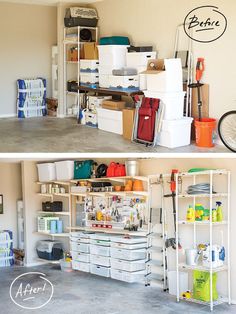 before and after photos of a garage storage area with shelves, bins, boxes, and other items