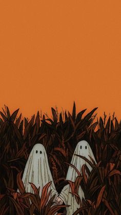 two white ghost like figures peeking out from the ground in tall grass with orange sky behind them