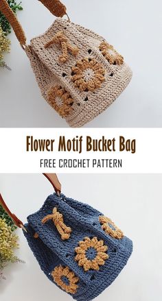 two crocheted bags with flowers on them, one is blue and the other is beige