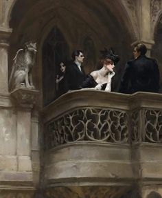 a painting of people dressed in black and white on a balcony with a cat sitting on the railing